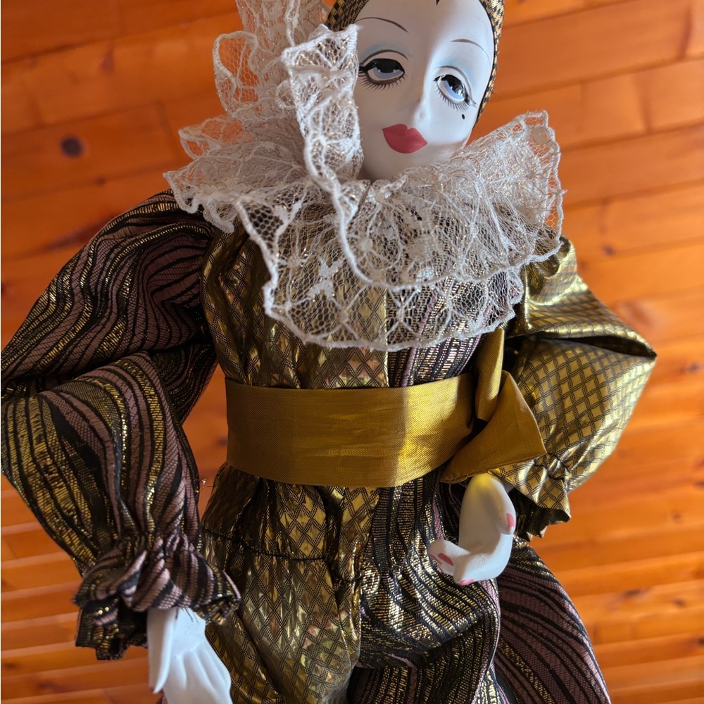 Elegant Gold and Brown Harlequin clown Doll